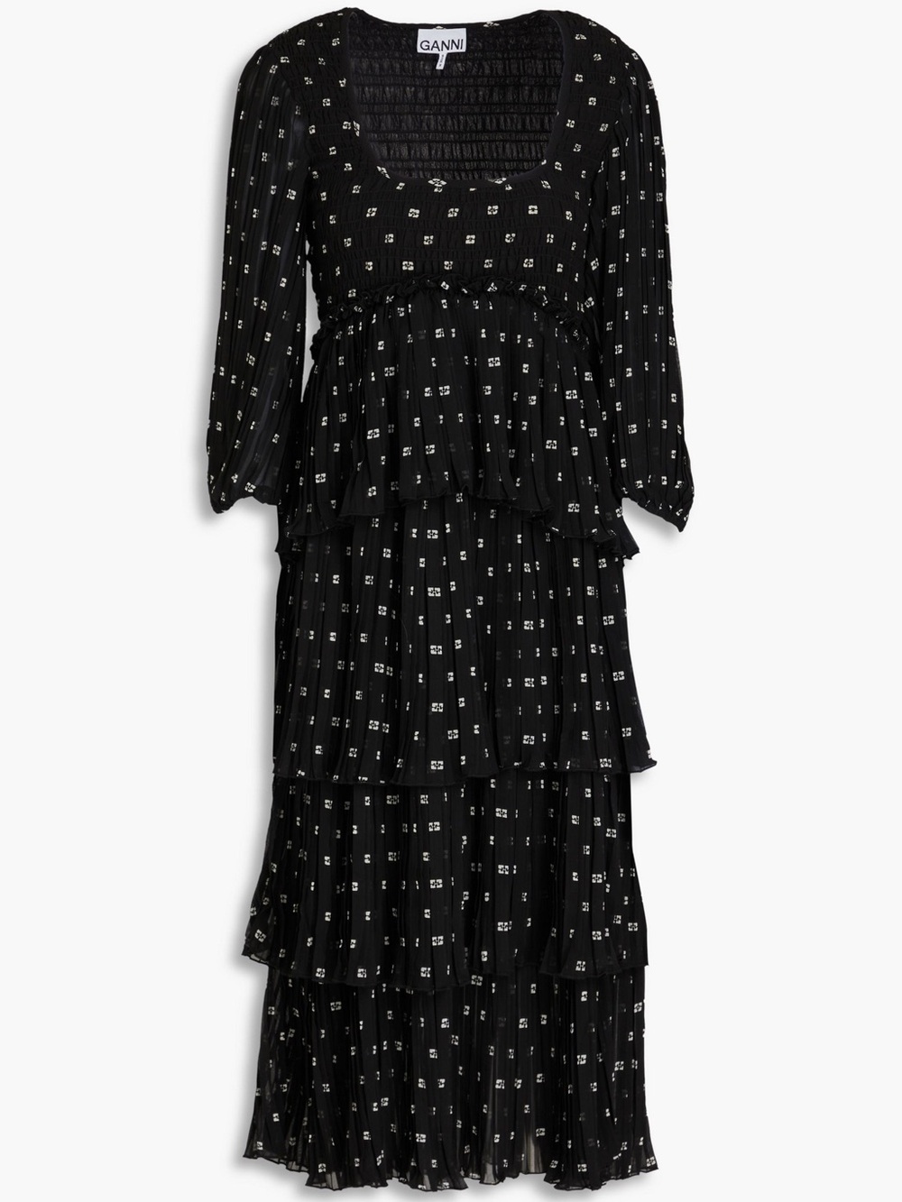 Ganni Black Midi Dress with White Micro Square Print